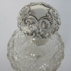 Victorian Silver and Cut Glass Perfume Bottle with Floral and Scroll Pattern Lid