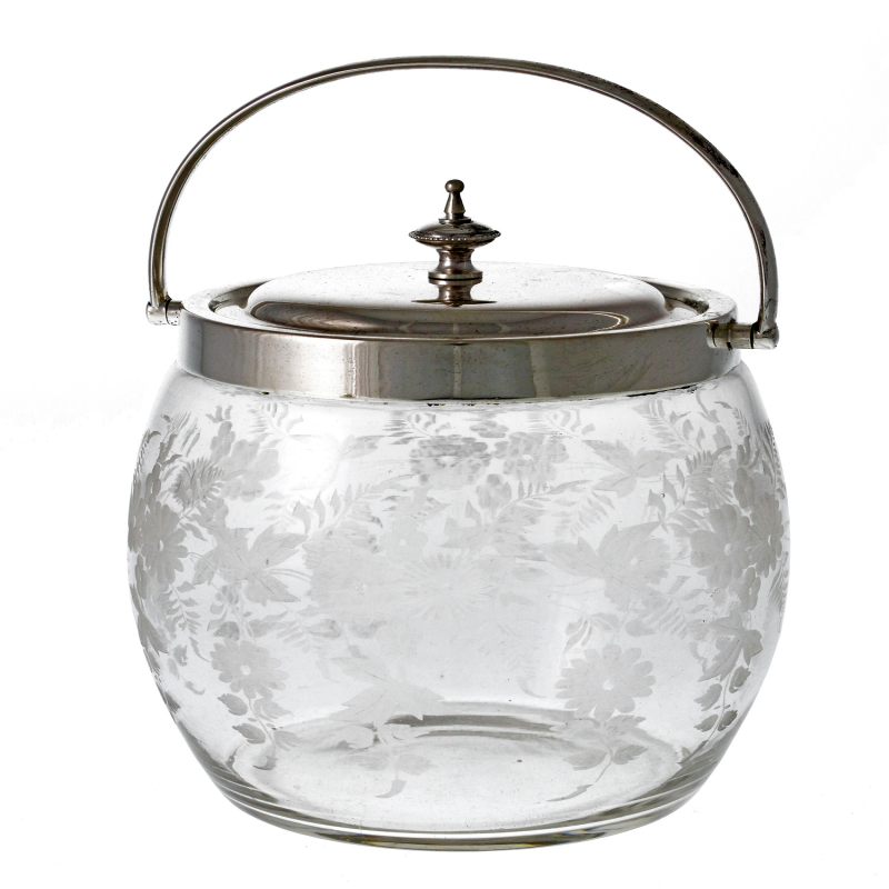 Victorian Silver Plate and Engraved Glass Biscuit Barrel (c.1890)