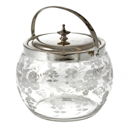 Antique Silver Plate & Engraved Glass Biscuit Barrel
