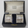 Boxed Pair of Antique Silver Napkin Rings in Blue Velvet Lined Box
