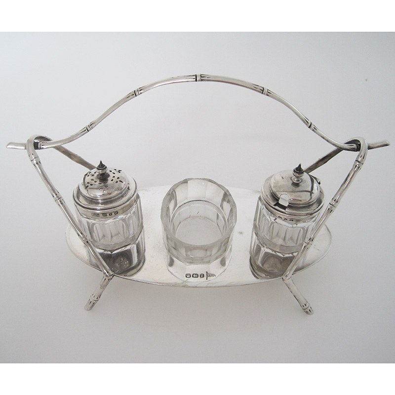 Unusual Victorian Silver Condiment Set with Bamboo Style Handle