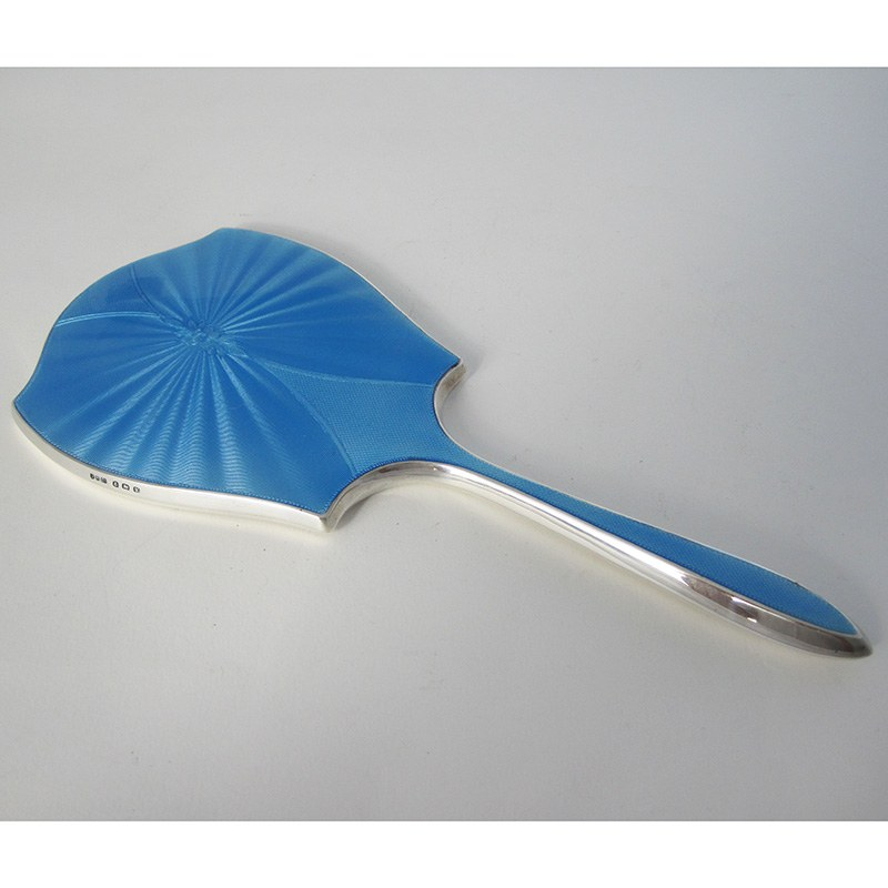 Silver and Turquoise Blue Gilloche Enamel Shaped Hand Mirror
