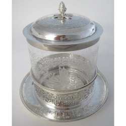 Victorian Engraved Glass and Silver Plated Circular Biscuit Barrel