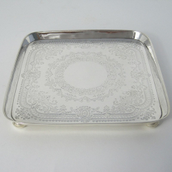 Charming Engraved Square Shaped Victorian Silver Salver