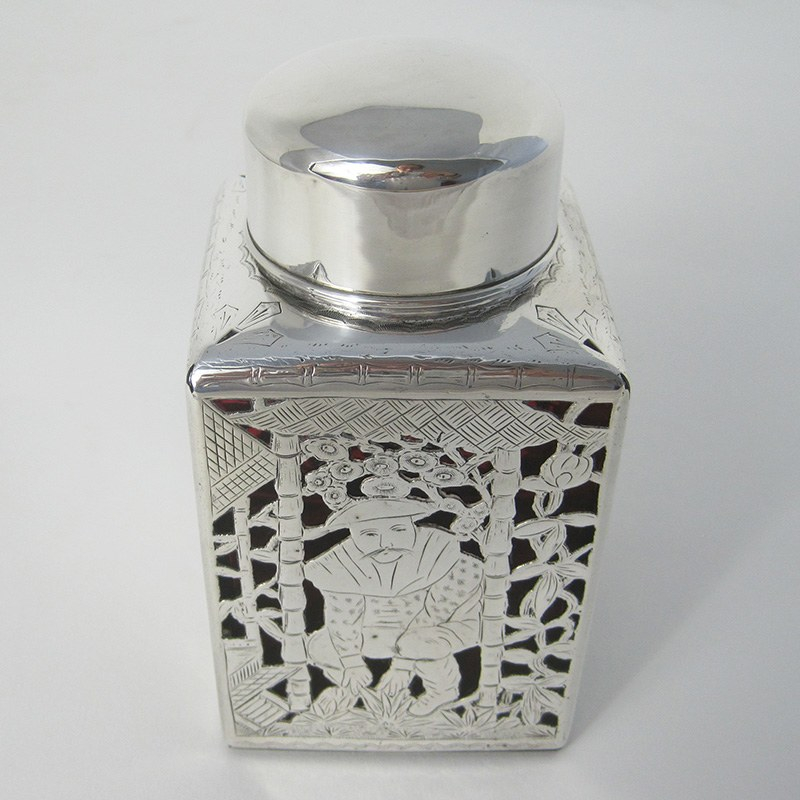 Chinese Style Edwardian Silver Tea Caddy with Cranberry Glass Body (1902)