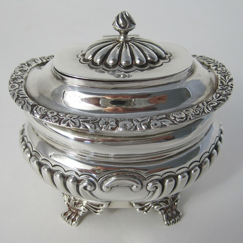 Georgian Style Tea Caddy with Hinged Fluted Lid and Detailed Floral Mount
