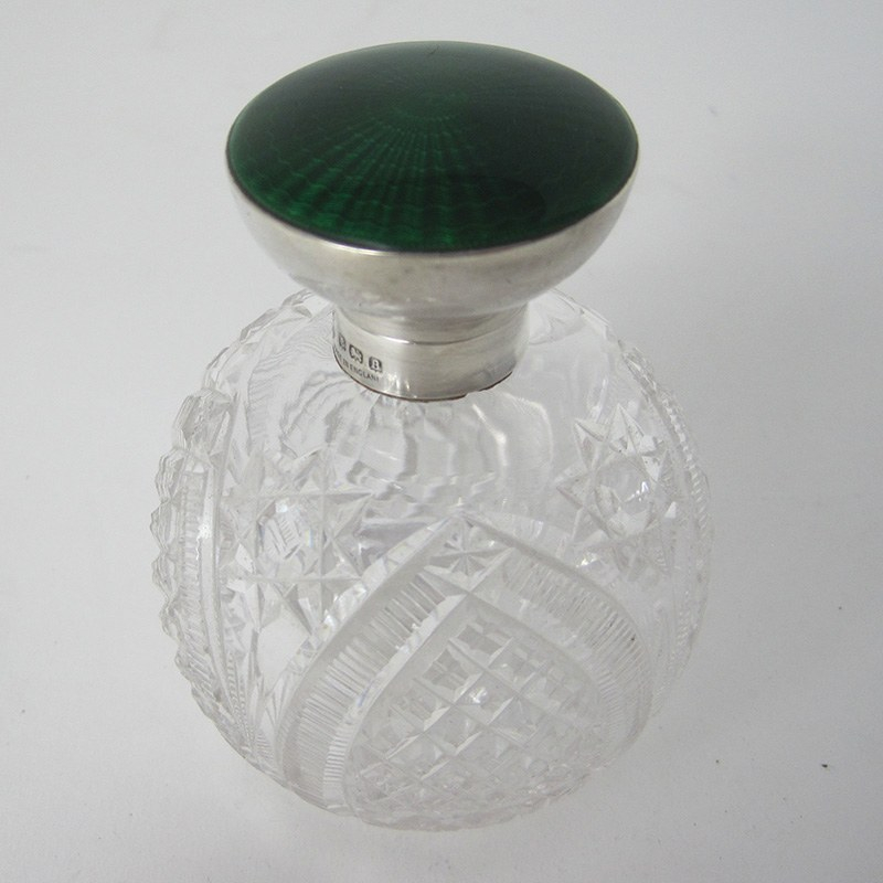 William Hutton & Son Perfume Bottle with a Green Gilloche Enamel Lid