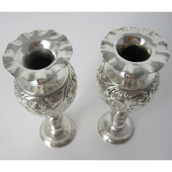 Pair Late Victorian Silver Flower Vases with a Crimped Neck