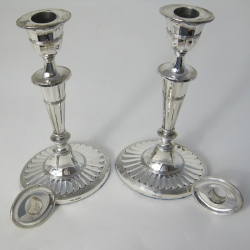 Pair of Silver Candlesticks with Fluted Capitols and Stem on an Oval Reeded and Fluted Base