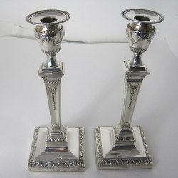 Attractive Pair of Victorian Silver Square Base Candlesticks (1880)
