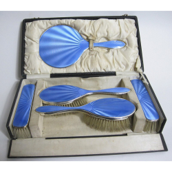 Boxed 5 Piece Silver and Blue Gilloche Enamel Dressing Table Set