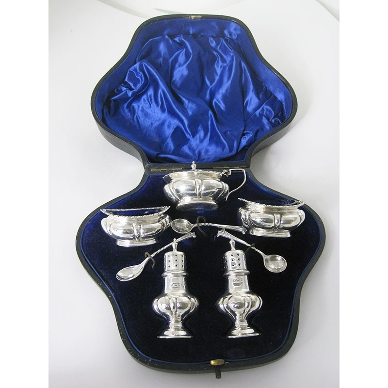 Edwardian Silver 8 PC Condiment Set in Blue Silk and Velvet Lined Box