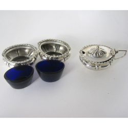 Edwardian Silver 8 PC Condiment Set in Blue Silk and Velvet Lined Box