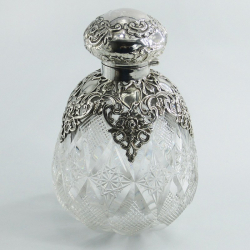 Large Victorian Silver and Cut Glass Perfume Bottle with Silver Shoulders