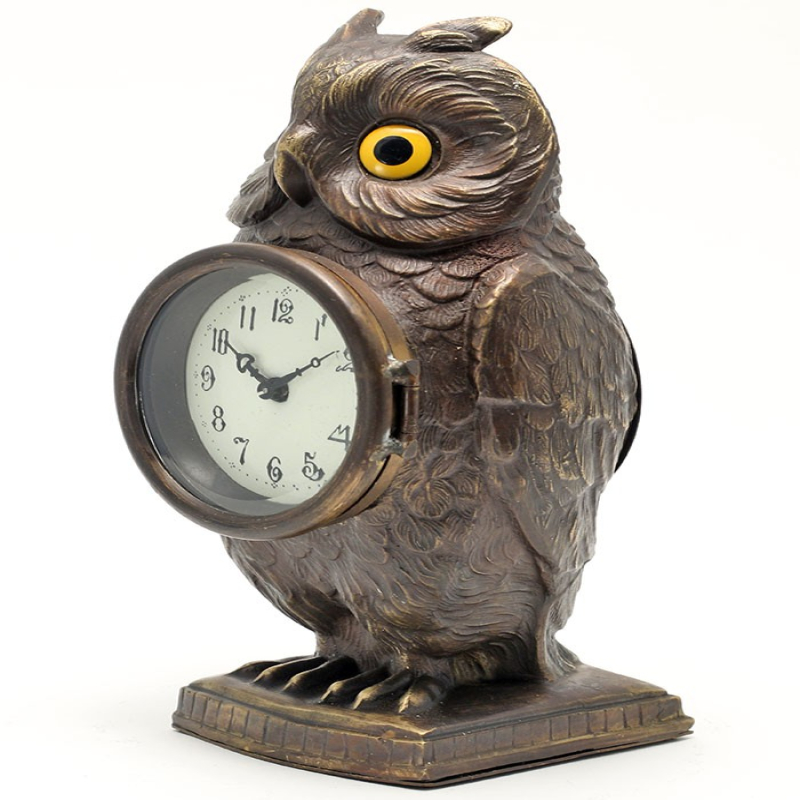 Bronze Statue of a Standing Owl with Clock