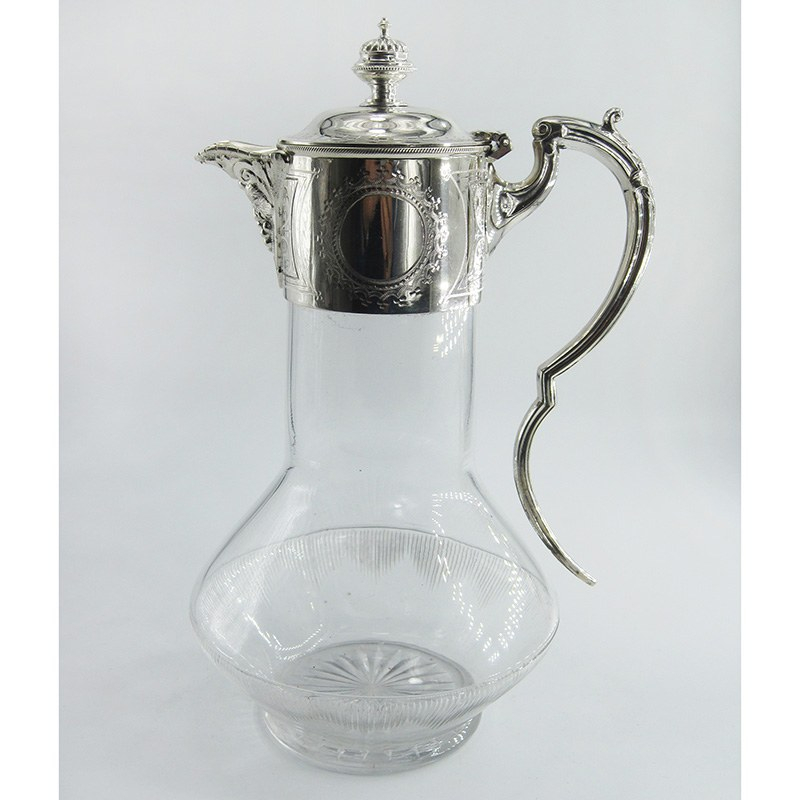 Victorian Silver Plated Claret Jug with a Christopher Dresser Style Clear Glass Body