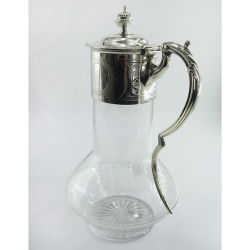 Victorian Silver Plated Claret Jug with a Christopher Dresser Style Clear Glass Body