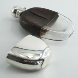 Edwardian Silver Plated 6 fl oz Hip Flask with Glass Body and Crocodile Skin