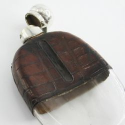 Edwardian Silver Plated 6 fl oz Hip Flask with Glass Body and Crocodile Skin
