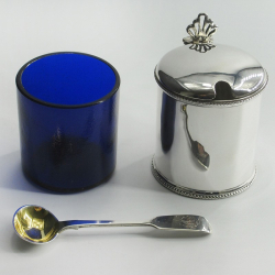 Victorian Silver Mustard Pot in a Circular Drum Form with Blue Glass Liner