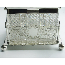 Large Rectangular Victorian Silver Plate and Cut Glass Box with Hinged Floral Engraved Lid