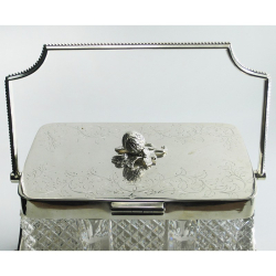 Large Rectangular Victorian Silver Plate and Cut Glass Box with Hinged Floral Engraved Lid