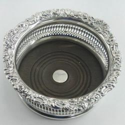 Pair of High Sided Victorian Silver Plate Wine Coaster with Shell and Scroll Borders