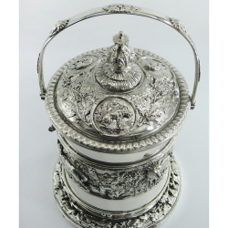 Victorian Silver Plated Barrel or Box with Three Animal Plaques and a Band Featuring Deers