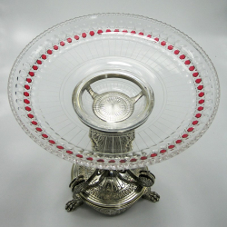 Victorian Elkington & Co Partial Gilt Comport with Cranberry and Clear Glass Circular Bowl