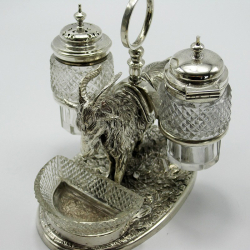 Victorian Cast Silver Plated Novelty Cruet Set of a Goat with Two Cut Glass Condiment Bottles