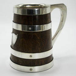 Late Victorian Oak and Silver Plated Pint Mug with a Tapering Banded Body