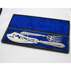 Boxed Pair of Boxed Victorian Silver Plated Fish Servers Engraved with Dolphins and Scrolls