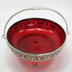 Decorative Victorian Large Silver Plated Basket with Cranberry Glass Liner